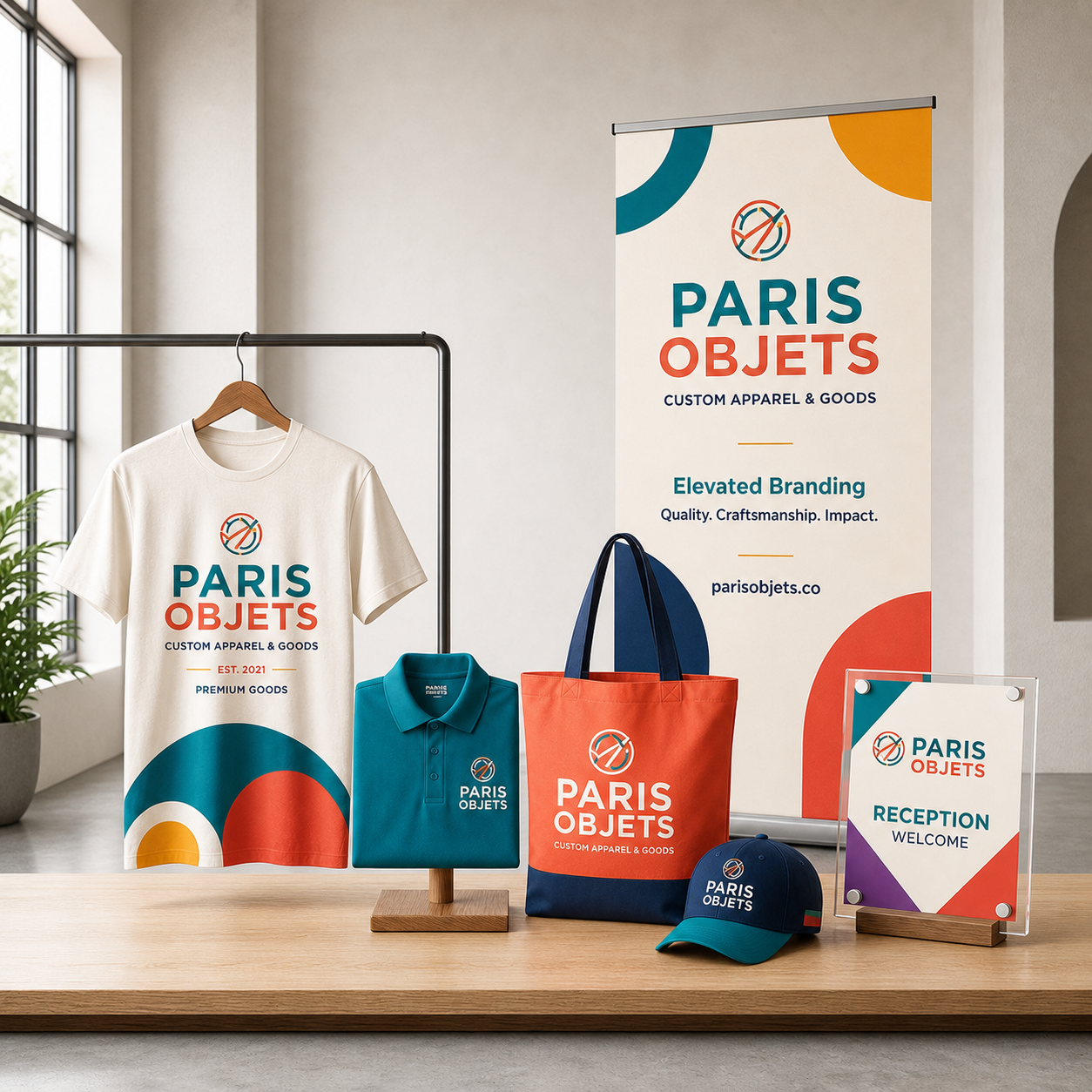 Custom apparel, promotional goods, and signage showcase